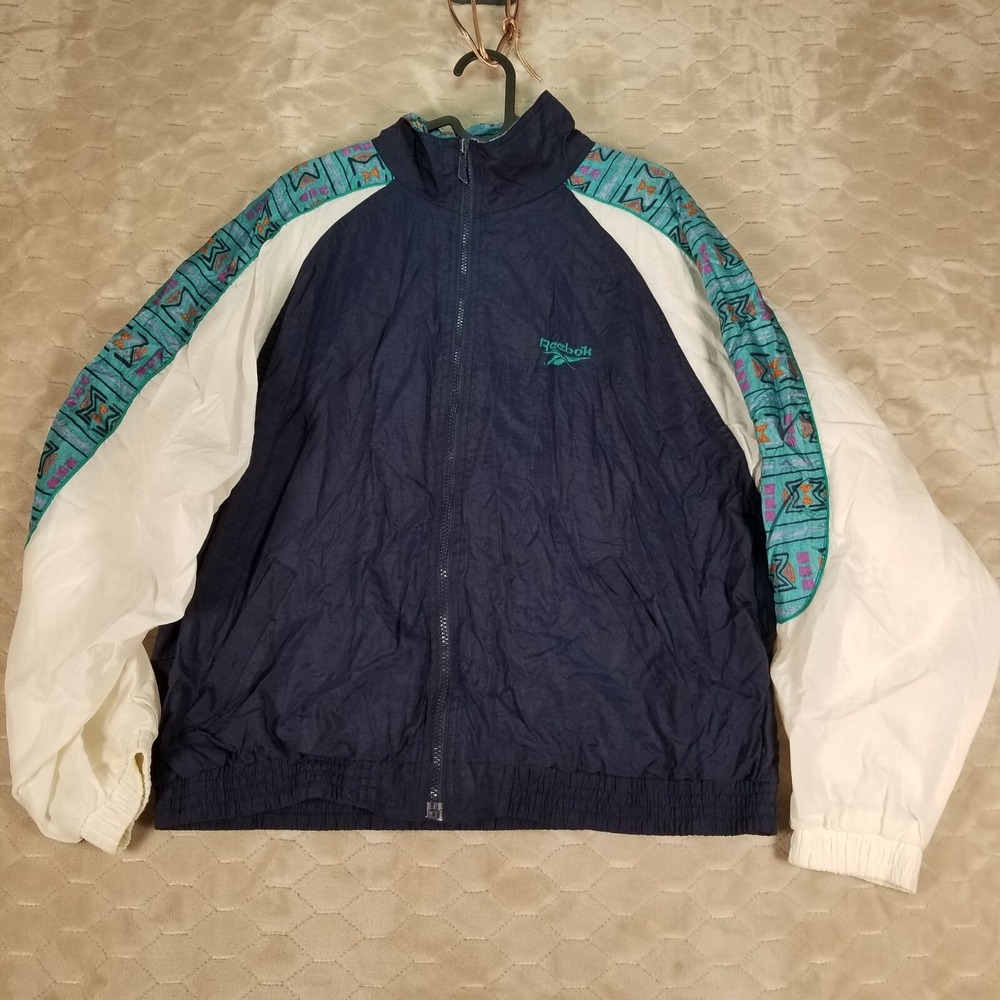 VTG Reebok Multicolor Patterned Geometric Nylon Full Zip Windbreaker Sz XL‎